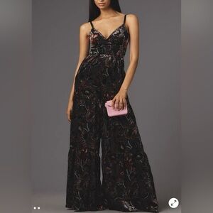 NWT Hutch Anthropologie Black Tiered Velvet Floral Burnout Jumpsuit 6